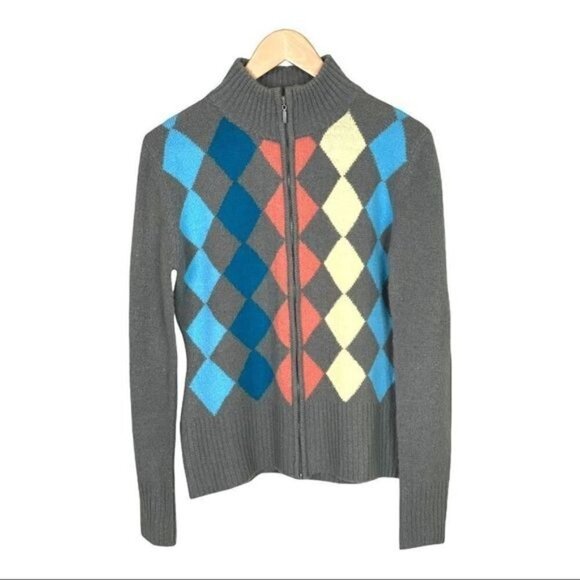 Gray Long Sleeve Full Zip Mohair Blend Argyle Pattern Cardigan - Picture 5 of 11